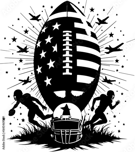 "Patriotic American Football Design – USA Flag, Players & Military Jets Vector Art"
