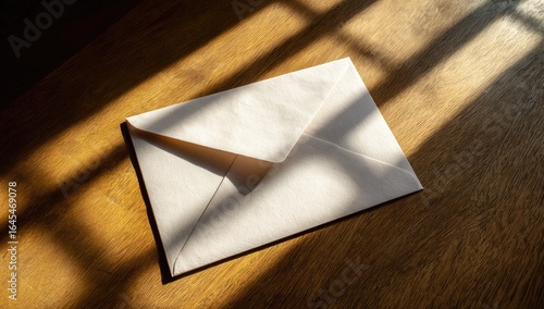 A cream envelope rests on a wood table, bathed in sunlight streaming through a window, casting patterned shadows