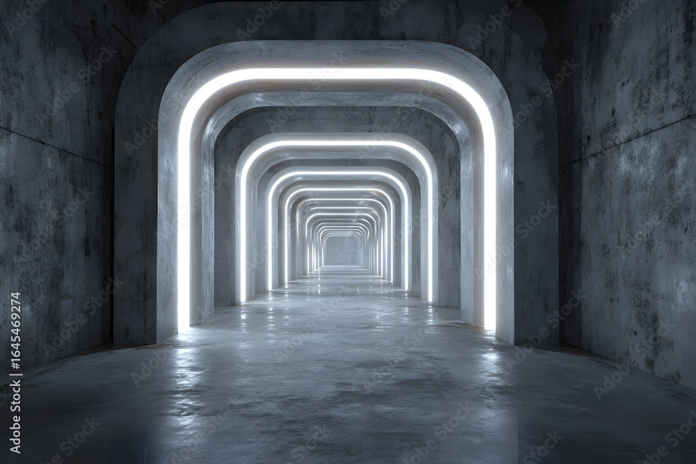 Obraz premium Sci Fi Futuristic Mockup Cyberpunk Empty White Billboard Advertisement Grunge Concrete Modern Warehouse Tunnel Corridor Factory Realistic Background 3D Rendering Illustration