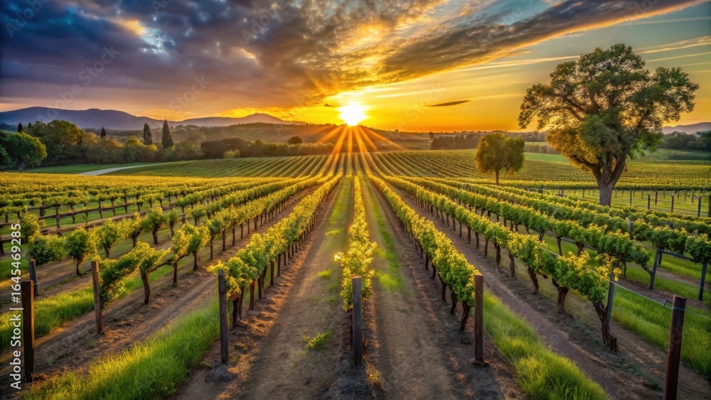 Fototapeta premium Photo of breathtaking vineyard landscape at sunset, with rows of grapevines stretching towards the horizon under a colorful sky