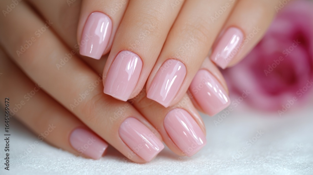 Hand with glossy light pink manicure and blurred pink flower background Hand with glossy light pink manicure and blurred pink flower background