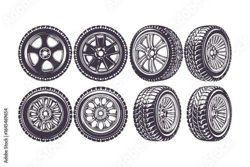 Car Wheels and Tires Vector Set. Detailed Alloy Rims and Tread Illustrations for Automotive Design