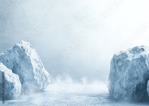 Ice podium background for product presentation with ice rocks and fog on a light blue sky background, in a minimalistic style.