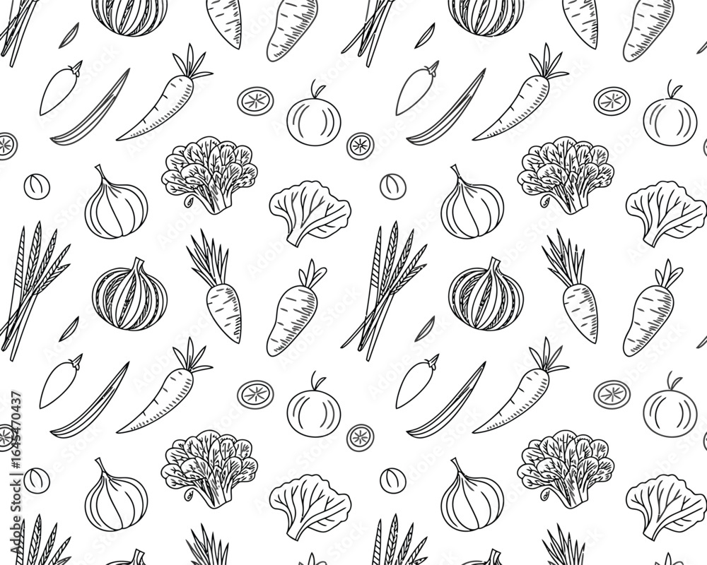 Fototapeta premium Black and White Line Art Vegetable Pattern Seamless Design Fresh Produce Illustration for Healthy Eating and Culinary Arts