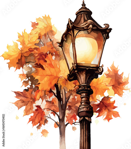 Watercolor painting of a charming street lamp surrounded by vibrant autumn foliage - vector illustration