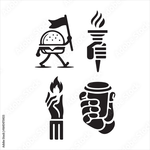 Four stylized black and white icons representing protest and activism themes