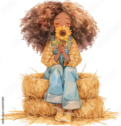 Charming watercolor painting of a woman holding a sunflower while sitting on a stack of hay - vector illustration
