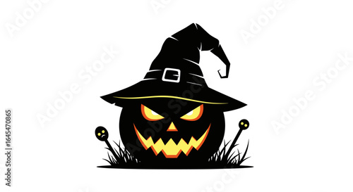 Spooky halloween jackolantern wearing a witch hat grinning menacingly under a crescent moon