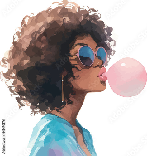 Cheerful watercolor illustration of a stylish woman wearing sunglasses and blowing a pink bubble - vector illustration