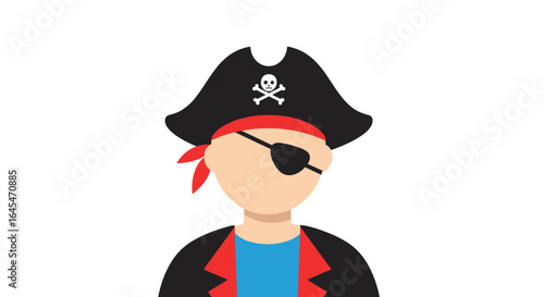 Cartoon pirate captain with eye patch and bandana and skull emblem hat