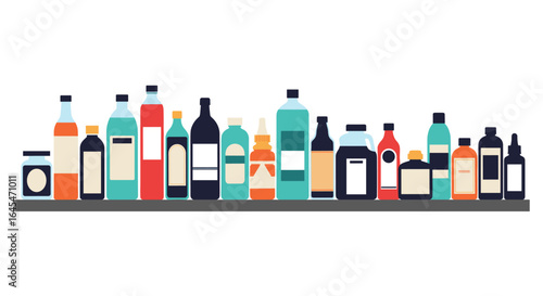 Collection of various containers bottles jars and flasks arranged on shelf