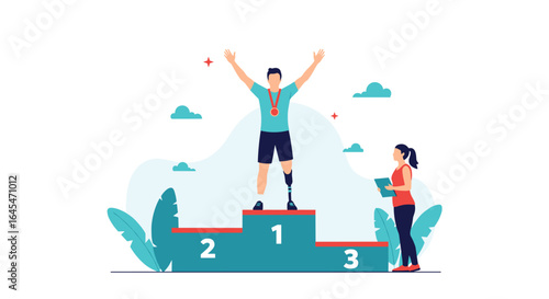 Paralympic athlete with prosthetic leg wins gold medal standing on podium