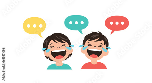 Two happy children laughing together with speech bubbles above their heads