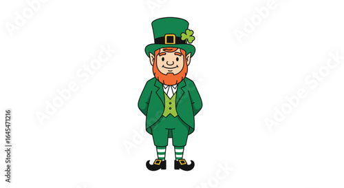 Charming leprechaun character in traditional green attire with festive clover emblem