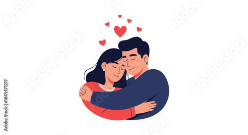 A romantic couple embracing tightly with hearts floating above them symbolizing love and affection