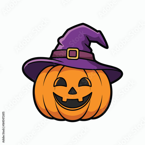 Smiling Halloween Pumpkin with Witch Hat, Cute Cartoon Jack-o'-Lantern Illustration for Holiday Decoration, Party Invitation, Greeting Card, or Poster Design