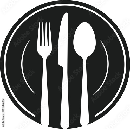 Fork Knife and Spoon Silhouette on Plate Vector for Dining and Restaurant