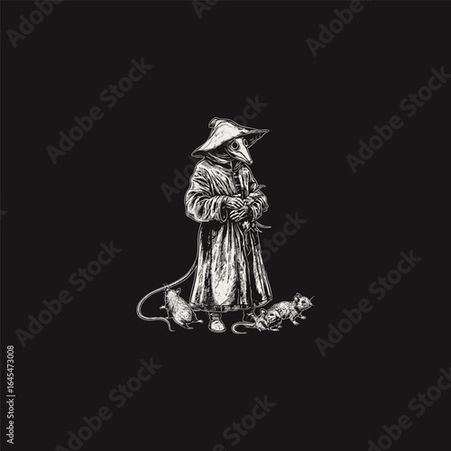 A detailed engraving-style illustration of a plague doctor standing surrounded by rats at his feet. Dark and eerie line work captures the sinister and haunting atmosphere