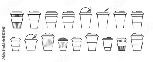 Coffee cup line and flat style. Disposable coffee cup. Coffee paper cup container for hot and cold drink juice tea cocoa. Vector