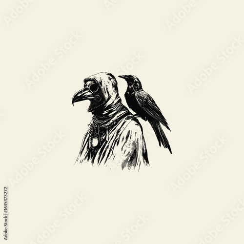 Doctor plague with raven engraving logo design vector illustration