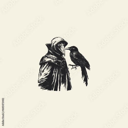 Doctor plague with raven engraving logo design vector illustration