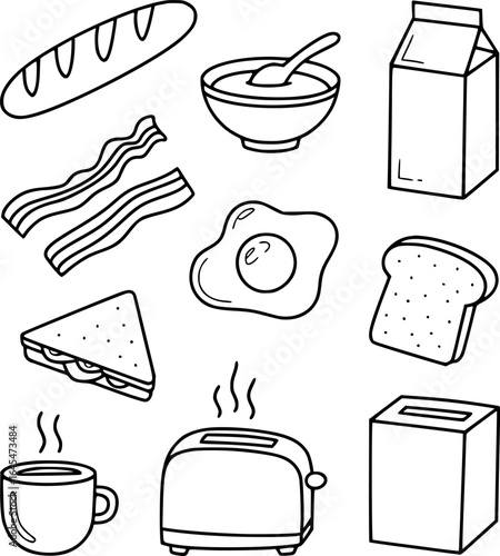 Breakfast food items including bread bacon fried egg toast sandwich cereal milk coffee and toaster