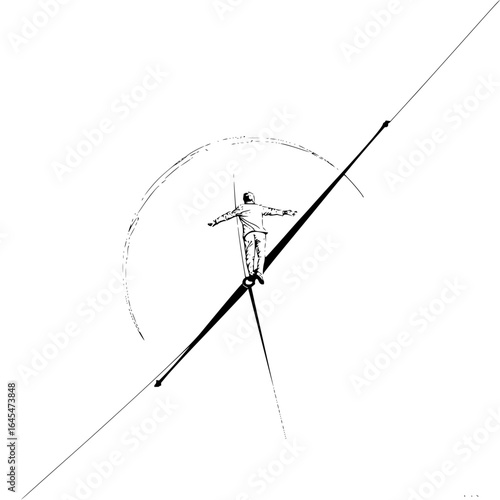 Man balancing on clock hand vector illustration for time management and balance concept design element use 100 char