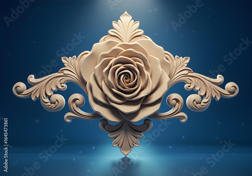 Wallpaper Mural 3D shape of classic flower ornament carving with beige color for digital CNC cutting, rose motif, layered petals, intricate stamen details, matte texture, displayed in a modern art gallery, spotlight  Torontodigital.ca