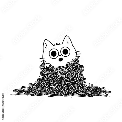 Cute cartoon cat tangled in spaghetti noodles illustration drawing vector design for food lovers and pet owners