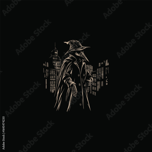 engraving style logo design depicts a plague doctor standing against a city background vector illustration