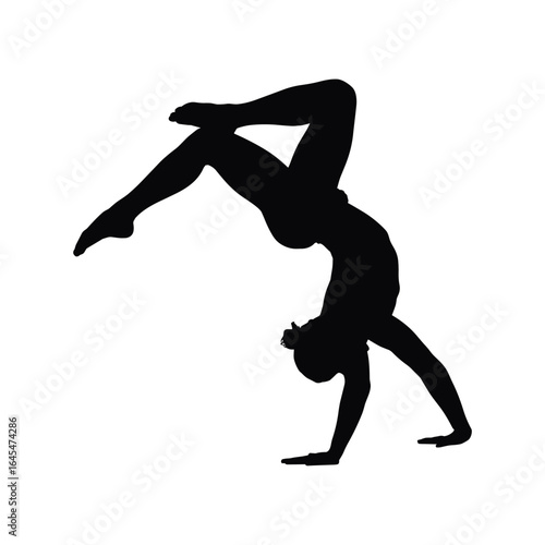Silhouette of a female gymnast performing a challenging yoga pose on a white background