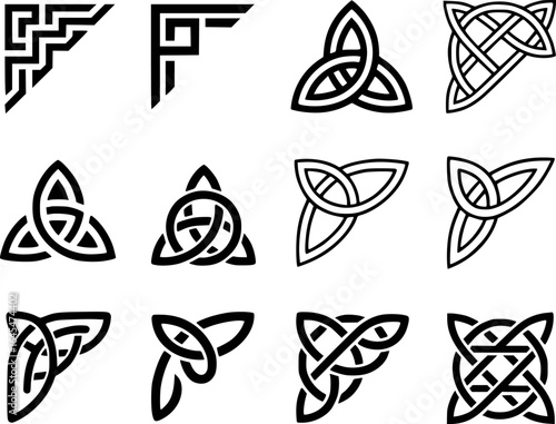 Celtic knotwork corner designs and triquetra symbols vector