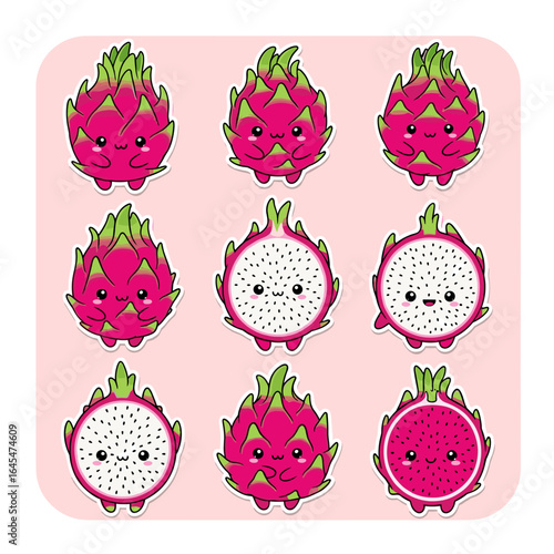 Collection of cute cartoon dragon fruit illustrations on pink