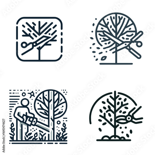 Tree pruning icons in various styles showcasing cutting techniques  