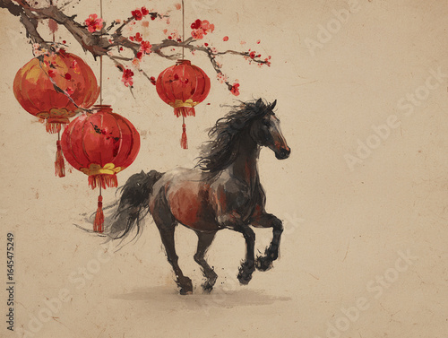 Watercolor horse with lanterns and cherry blossoms
