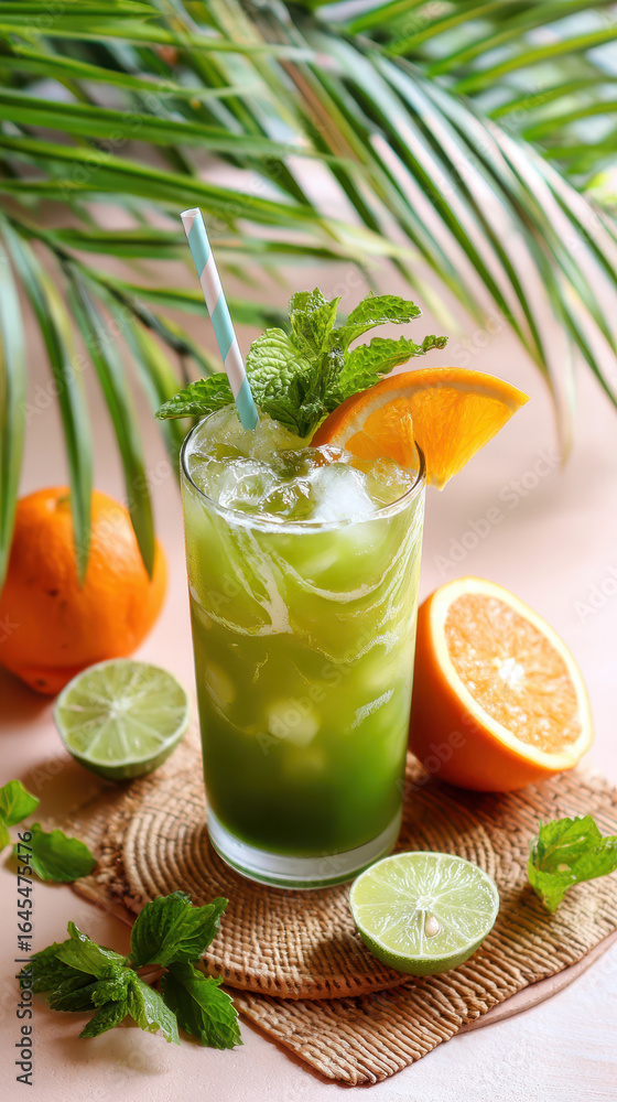 Fototapeta premium Refreshing green cocktail with mint garnish, orange slices, and lime on a woven coaster surrounded by tropical leaves