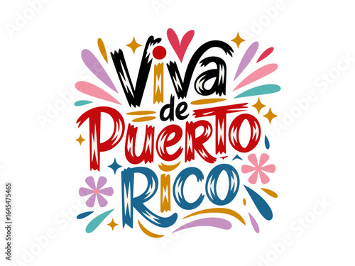 Viva de Puerto Rico lettering, colorful Latin script, confetti flourish accents, island pride design, celebration vector