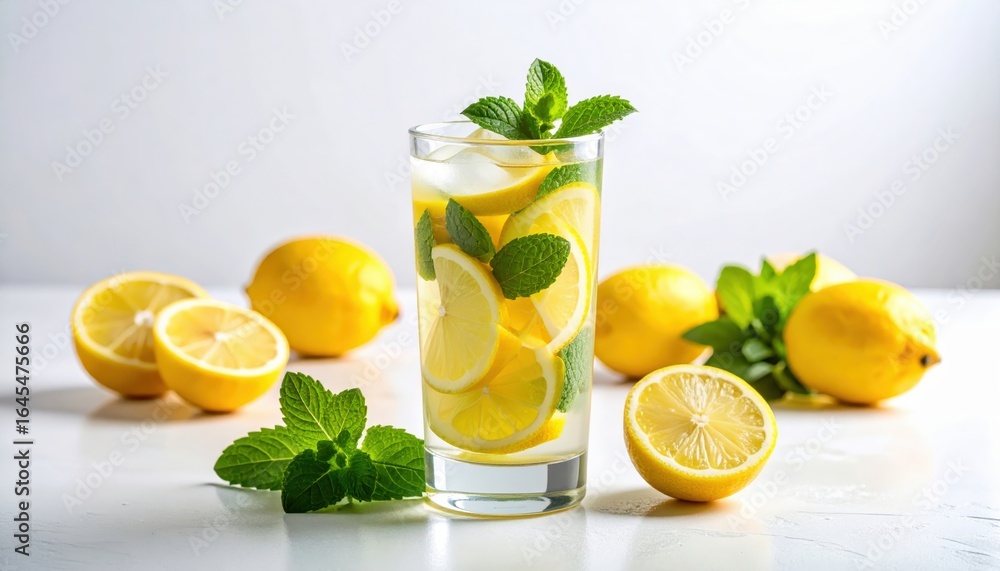 Fototapeta premium Refreshing Lemonade: A glass of invigorating lemonade, adorned with fresh mint leaves and ice, stands amidst a vibrant array of ripe lemons, creating a refreshing still-life composition.