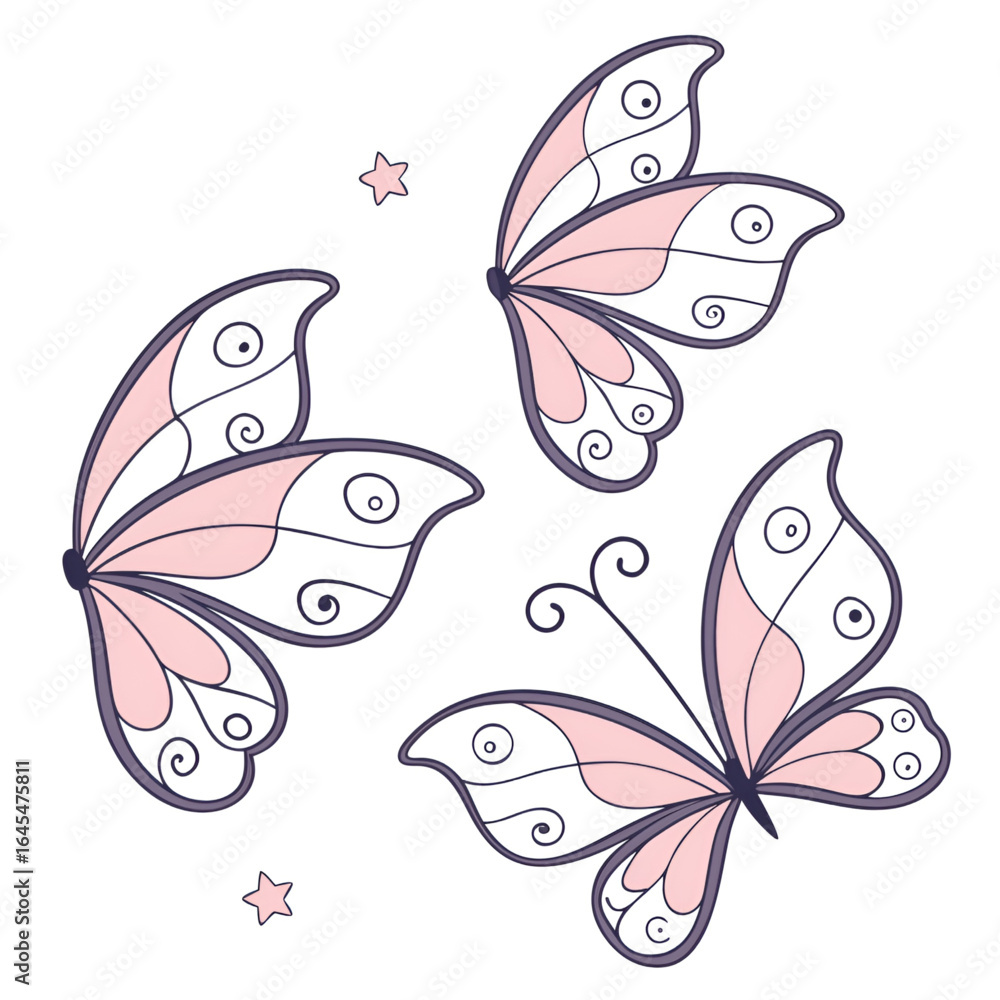 Obraz premium Delicate Pink and White Butterfly Vector Illustration with Swirls and Stars – Elegant Hand-Drawn Style, Perfect for Spring Designs, Invitations, Stickers, and Wall Art