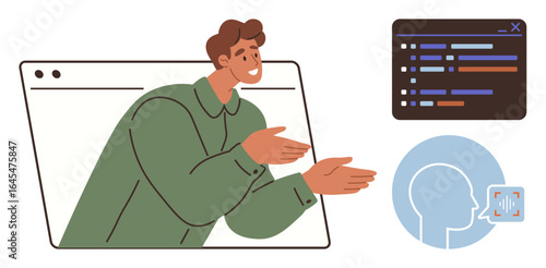 Man gesturing inside web browser window near coding panel and face profile with voice recognition icon. Ideal for technology, programming, AI communication, online teaching, software tools, digital