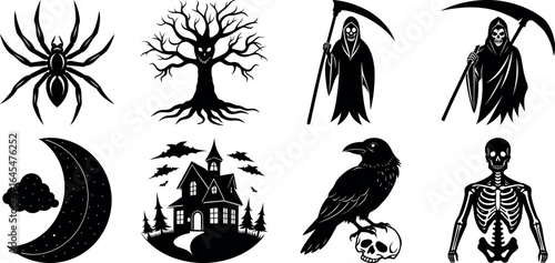 Black and white halloween vector silhouette set with spooky icons.