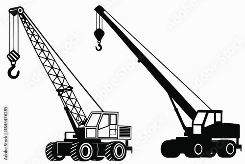 Two construction cranes with long booms and hooks on a white background