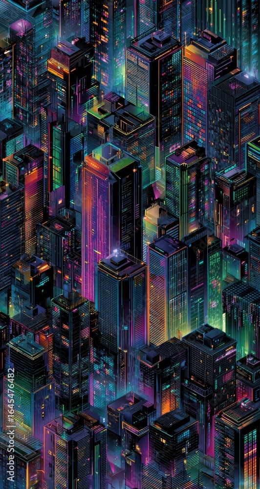 Fototapeta premium Isometric cityscape at night, vibrant neon lights illuminate diverse skyscrapers, creating a dense, futuristic urban landscape