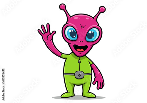 Cartoon Alien Waving with Green Suit and Pink Skin