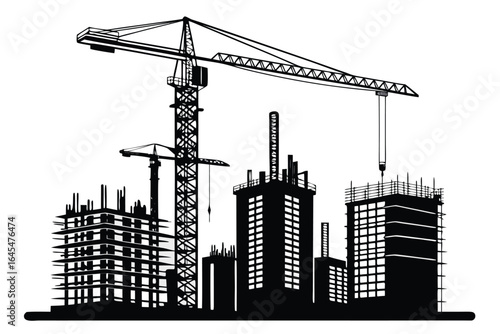 Silhouette of a city skyline with multiple construction cranes and unfinished buildings