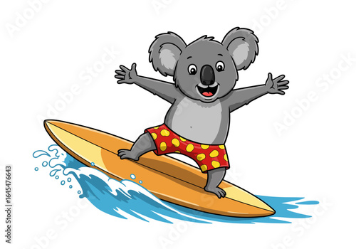 Cartoon Koala Surfing with Red and Yellow Polka Dot Shorts