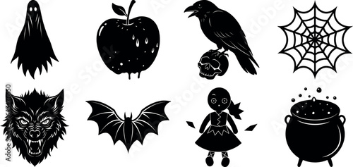 Black and white halloween vector silhouette set with spooky icons.
