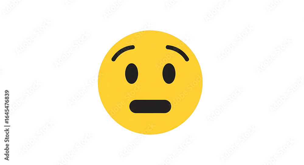 Fototapeta premium Bright yellow neutral face emoji with black oval eyes and flat mouth showing a blank or surprised expression.