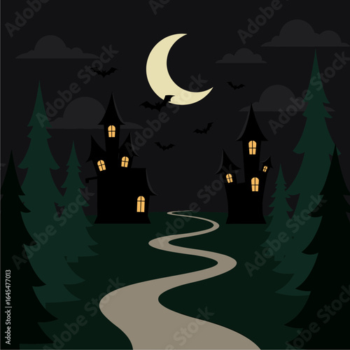 Spooky Halloween Night Scene with Haunted Houses, Crescent Moon, Bats, and Winding Path Illustration