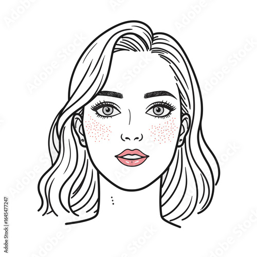 Stylish woman with freckles expressing calm, minimalist illustration